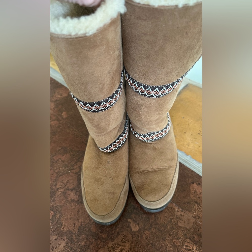 UGG Chestnut Suede Shearling-Lined Tall Booties with Beaded Trim
